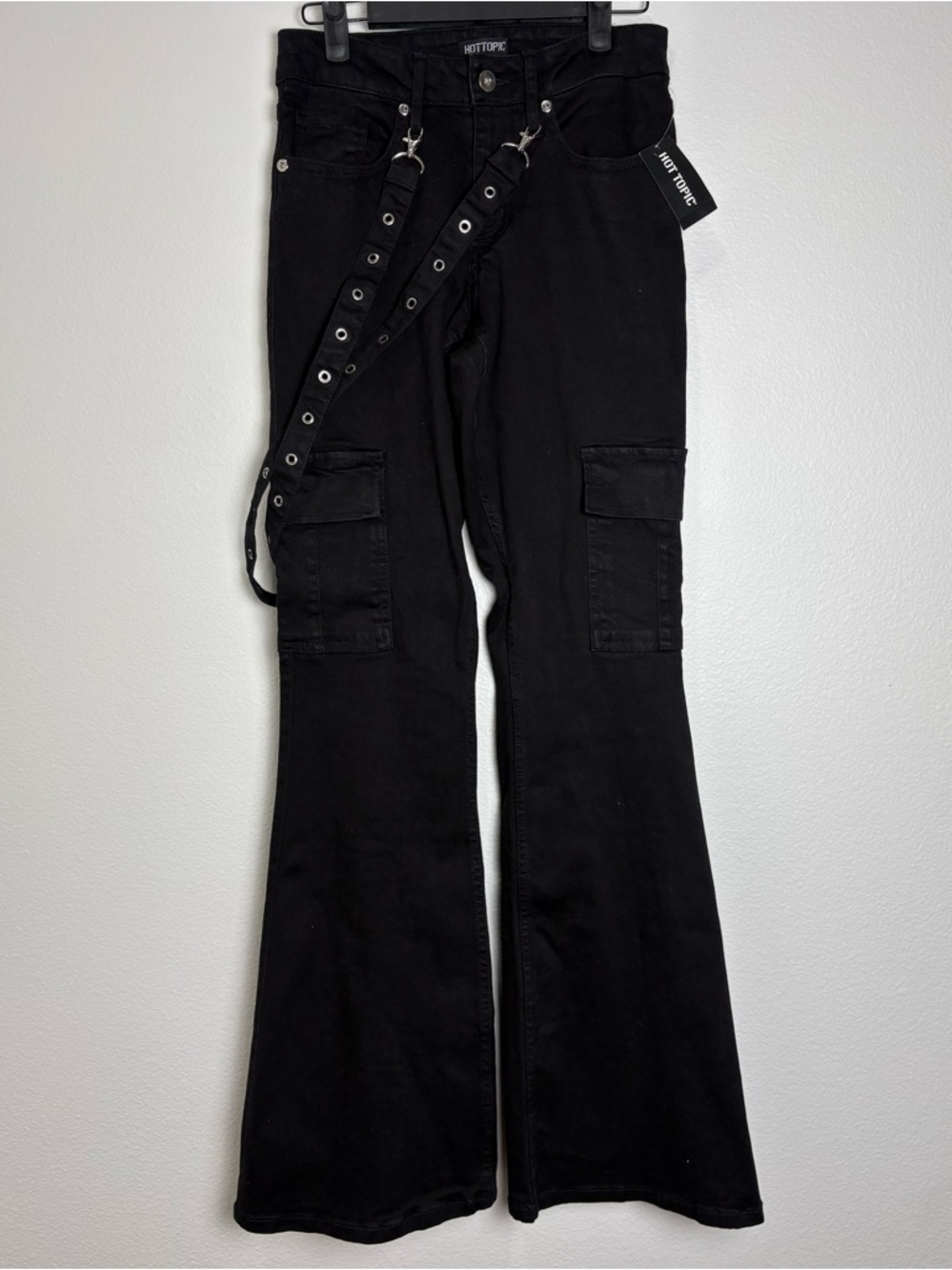 Hot Topic Black Flared Cargo Pants with Grommet Suspenders Size 3